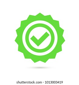 Green stamp with tick icon in flat line style. Vector illustration.