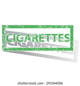 Green stamp with word CIGARETTES and shadow, isolated on white