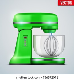 Green Stand Mixer. Food blender. Electronic Kitchen appliance. Realistic Original design. Concept of Health food and drink. Vector Illustration isolated on background.
