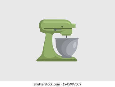Green stand mixer with insulated metal bowl. Flat style illustration vector icon.