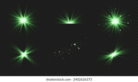 Green star. Bright shine. Twinkling star. Emerald. Firefly.Vector illustration.