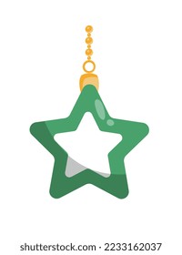 Green star for Christmas tree. Graphic element for website icon. Toy of unusual shape, decoration for apartment and room. Symbol of new year and winter holidays. Cartoon flat vector illustration