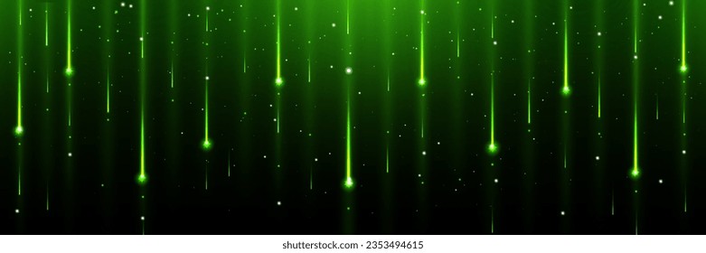 Green star or comet shower rain space background. Color meteor fall with glitter dust and sparkle. Magic luxury award curtain with firework particle. Meteorite falling tail effect glamour illustration