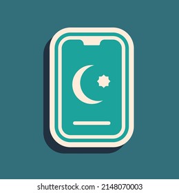 Green Star and crescent - symbol of Islam icon isolated on green background. Religion symbol. Long shadow style. Vector