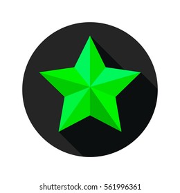 Green star icon in flat design. Star with long shadow in the black circle. Vector illustration.