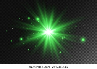 Green star. Light flashes with sparks and glittering particles. Bright shine. Vector illustration.