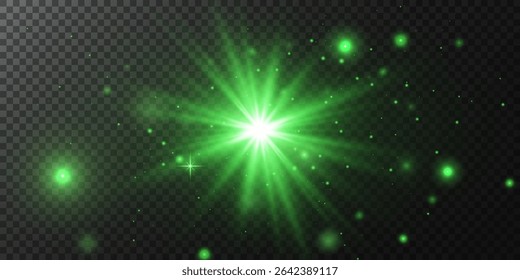 Green star. Light flashes with sparks and glittering particles. Bright shine. Vector illustration.