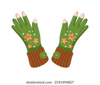 Objeto de Vector de color plano de manoplas con patrón de estrella verde. Diseño caprichoso de la ilustración caliente de los Elementos del traje del invierno en el fondo blanco