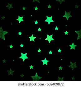 Green Star seamless pattern. Green and Black retro background. Chaotic elements. Abstract geometric shape texture. Effect of sky. Design template for wallpaper, wrapping, textile Vector Illustration