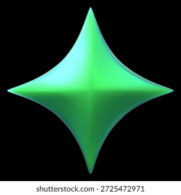 Estrella verde chispa realista diseño de Vector 3D. Estrella de cuatro puntas. Forma metálica de brillo Abstractas. Emoji de la galaxia espacial. Elemento brillante iridiscente. Decoración festiva estilo Y2K. Logro estrella del premio del juego