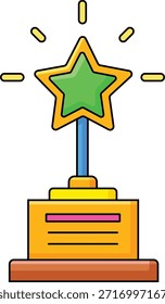 Troféu estrela verde com acentos amarelos e haste azul em uma base dourada