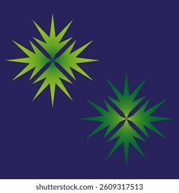 Green starburst form. Spiked symmetrical element. Neon glow vector. Blue background shape.