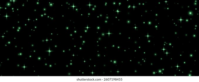 Green stars background, shiny sparkles overlay, magic flares, starry night concept.