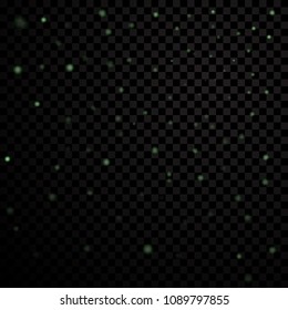 Green stars black night sky on transparent background. Abstract light glitter. Fantasy sparkles. Shine christmas texture, magic glow. Bright design for holiday card Vector illustration