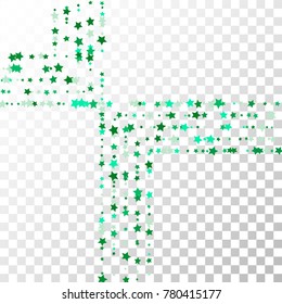 Green Stars Confetti Lines on Transparent Background. Invitation Background. Banner, Greeting Card, Christmas and New Year card, Postcard, Packaging, Textile Print. Beautiful Starry Sky