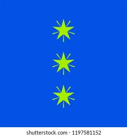 Green stars icon with rays in flat design. Isolated on blue background. Sparkling star. Winter symbol of Christmas and New Year. Simple vector sign illustration in a modern style.