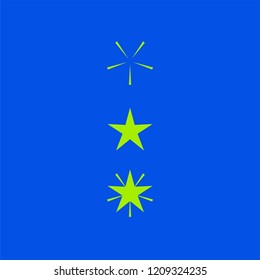 Green stars icon with rays in flat design. Isolated on blue background. Sparkling star. Winter symbol of Christmas and New Year. Simple vector sign illustration in a modern style.