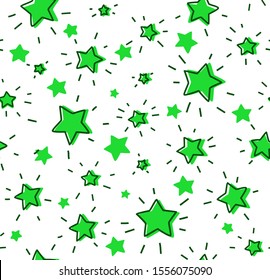 Green stars, seamless pattern, vector. Contour, shining stars with rays on a white field. Imitation of a freehand drawing. 