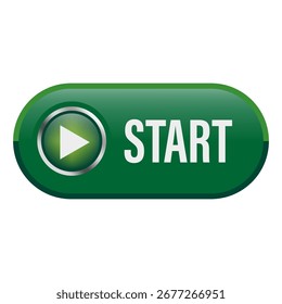 Green start button. Play action symbol. Digital interface element. Glossy UI component. EPS 10.