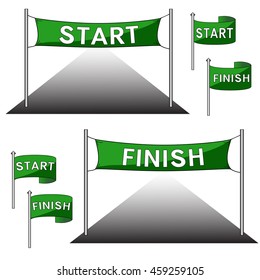 The green start and finish gate, flags. Vector illustration.
