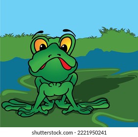 Green Startled Frog from Front View - Colored Cartoon Illustration with Background, Vector