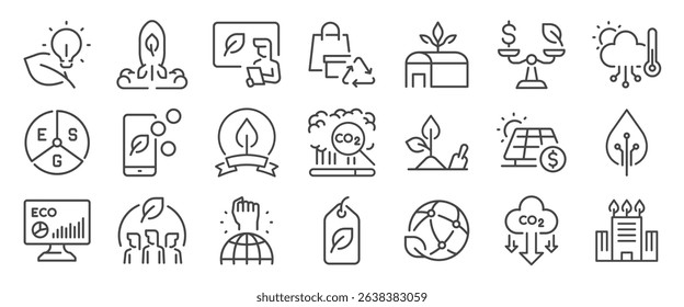 green startup icon set. It included business, eco, carbon offset, urban farming and more icons. Editable Vector Stroke.