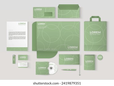 Diseño de plantillas de papel verde con formas redondeadas. El conjunto de identidad corporativa se burla. Documentación para empresas.
