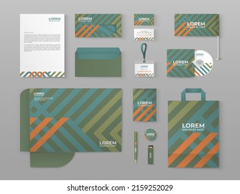 Green stationery template design with multicolor lines. Set of business corporate identity mock up. Documentation for business.