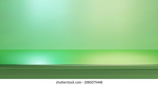 Green steel countertop, empty shelf. Vector realistic mockup of table top, kitchen counter on pastel background with spot light. Bar desk surface in foreground