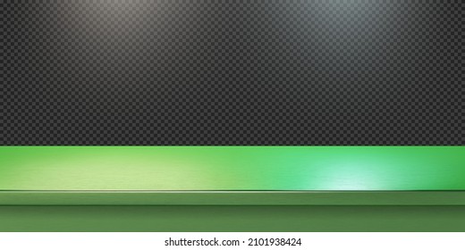 Green steel countertop, empty shelf. Vector realistic mockup of table top, kitchen counter on transparent background with spot light. Bar desk surface in foreground