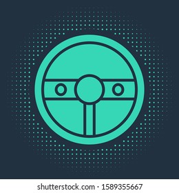 Green Steering wheel icon isolated on blue background. Car wheel icon. Abstract circle random dots. Vector Illustration