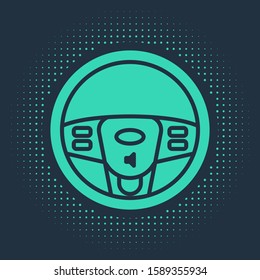 Green Steering wheel icon isolated on blue background. Car wheel icon. Abstract circle random dots. Vector Illustration