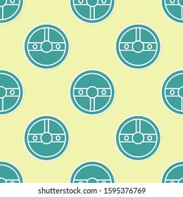Green Steering wheel icon isolated seamless pattern on yellow background. Car wheel icon.  Vector Illustration