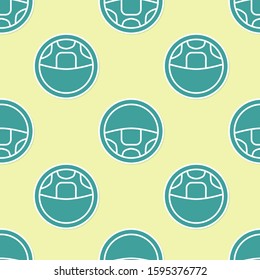 Green Steering wheel icon isolated seamless pattern on yellow background. Car wheel icon.  Vector Illustration