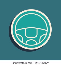 Green Steering wheel icon isolated on blue background. Car wheel icon. Long shadow style. Vector Illustration