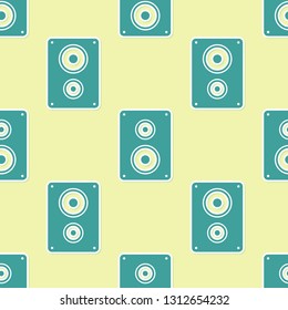 Green Stereo speaker icon isolated seamless pattern on yellow background. Sound system speakers. Music icon. Musical column speaker bass equipment. Vector Illustration