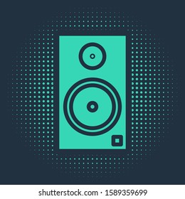 Green Stereo speaker icon isolated on blue background. Sound system speakers. Music icon. Musical column speaker bass equipment. Abstract circle random dots. Vector Illustration