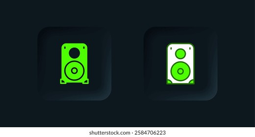 Green Stereo speaker icon isolated on black background. Sound system speakers. Music icon. Musical column speaker bass equipment. Black square button. Vector