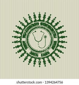 Green stethoscope icon inside distressed rubber grunge texture stamp