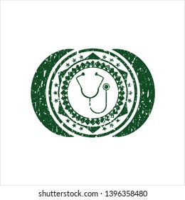 Green stethoscope icon inside grunge seal