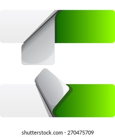 Green sticker with curled up edge. Vector illustration