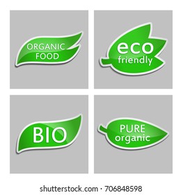 Green sticker Eco friendly, Bio, Pure organic, Organic food. Set. Vector Natural product icon for packaging design, web-design, booklets, logo creation, design. Organic natural cosmetic and food label