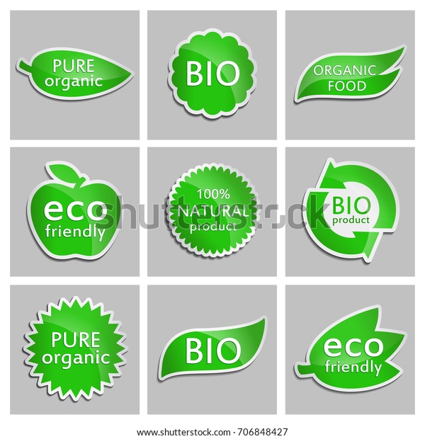 Grune Aufkleber Oko Freundlich Bio Rein Biologisches Stock Vektorgrafik Lizenzfrei