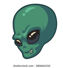 Green sticker of an evil alien head on a white background