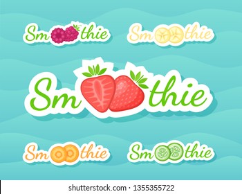 Green sticker fruit smoothie shake logo set vector illustration. Fresh vegetarian smoothies drink label with raw fruit and tag Smoothie for decoration shop sticker, promo discount or sale offer banner