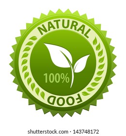 Green sticker or label with text Natural food 100 percent icon isolated on white background. Vector