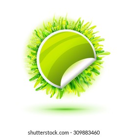 Green sticker with green realistic grass. Creative promotional vector banner. Eco friendly design. RAW diet logo. Vegetarian.