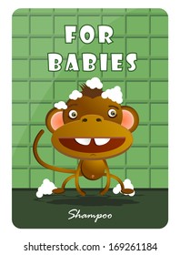 Green sticker for shampoo - cute monkey for babies (vector)