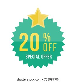 Green sticker and star with 20% off discount. Template of the emblem with special offer flat vector eps 10