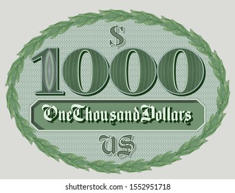 Green sticker thousand dollars in oval deciduous wreath with guilloche pattern